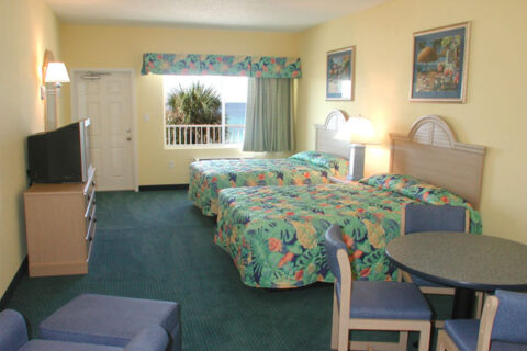 Interior window view of the Beachside standard queen with full kitchen motel room